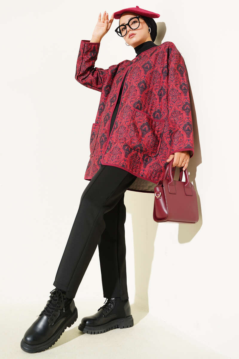 Retro Pattern Quilted Jacket - Burgundy