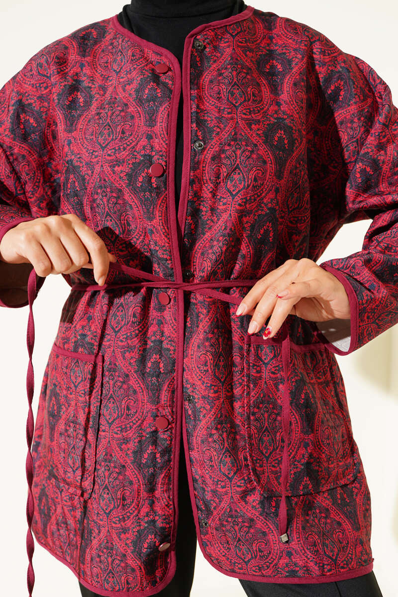 Retro Pattern Quilted Jacket - Burgundy