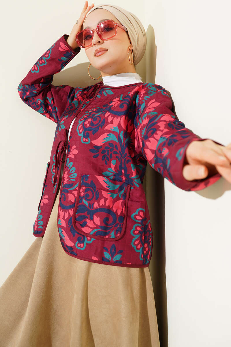 Short Retro Pattern Quilted Jacket - Burgundy