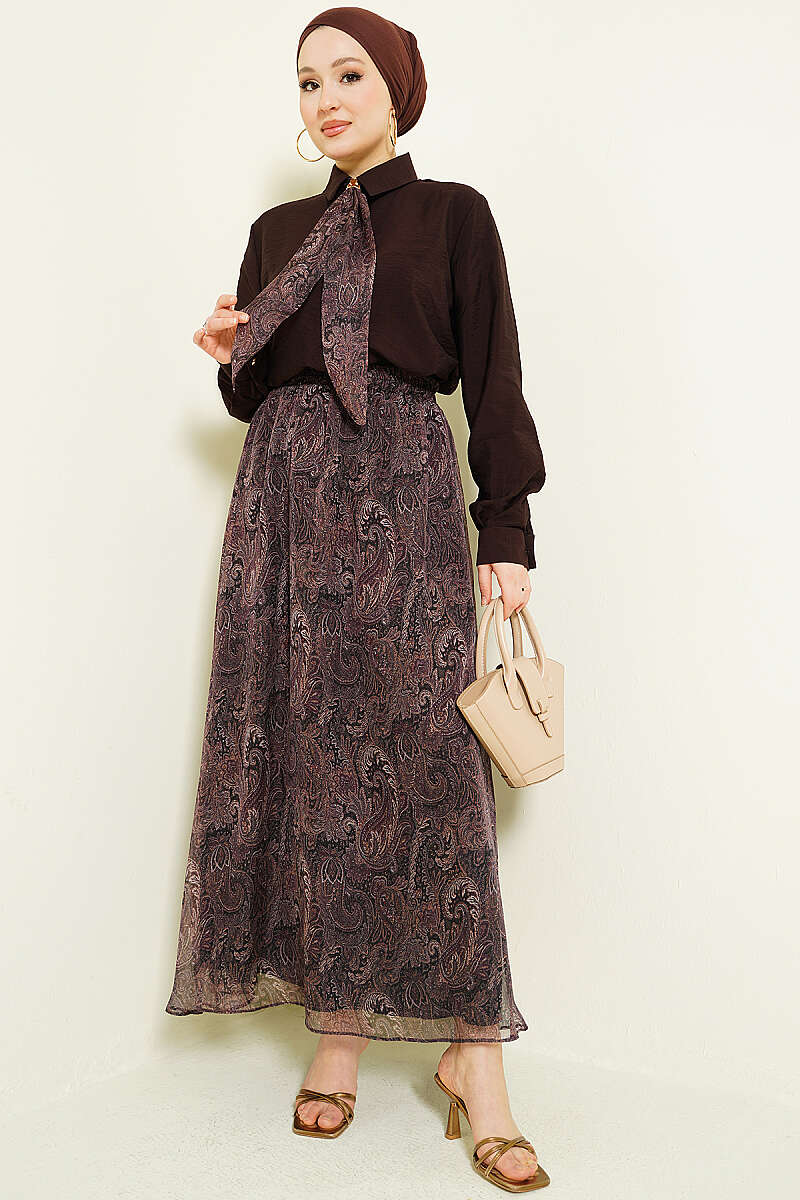 Retro Print Skirt Set with Scarf - Dark Brown
