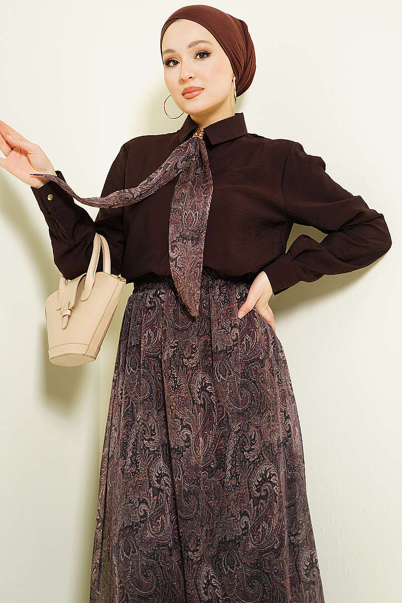 Retro Print Skirt Set with Scarf - Dark Brown
