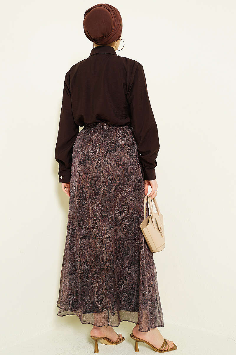 Retro Print Skirt Set with Scarf - Dark Brown