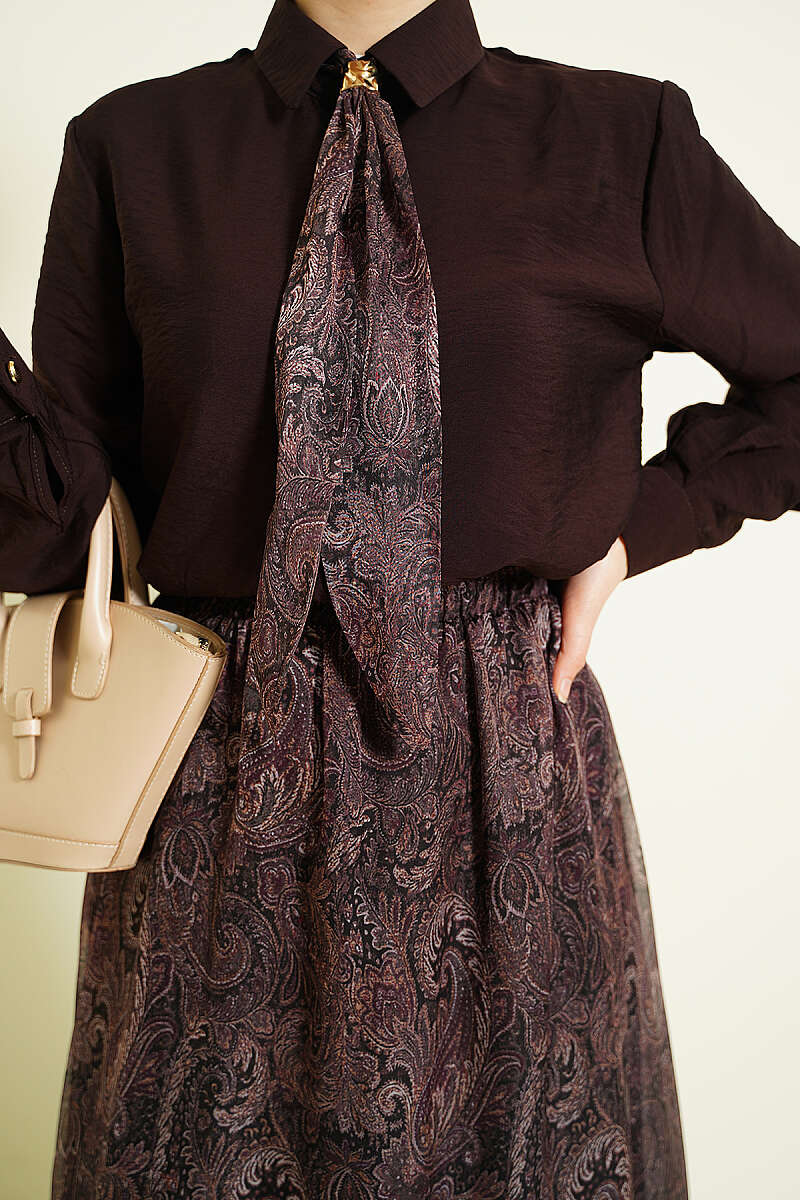 Retro Print Skirt Set with Scarf - Dark Brown