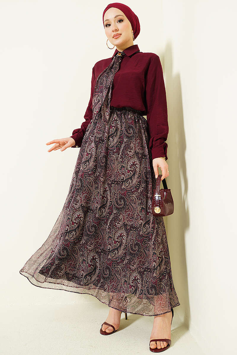 Retro Print Skirt Set with Scarf - Burgundy
