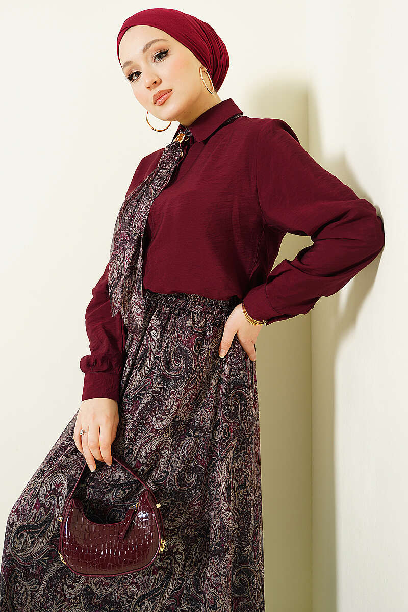 Retro Print Skirt Set with Scarf - Burgundy