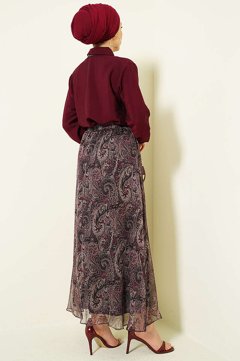 Retro Print Skirt Set with Scarf - Burgundy