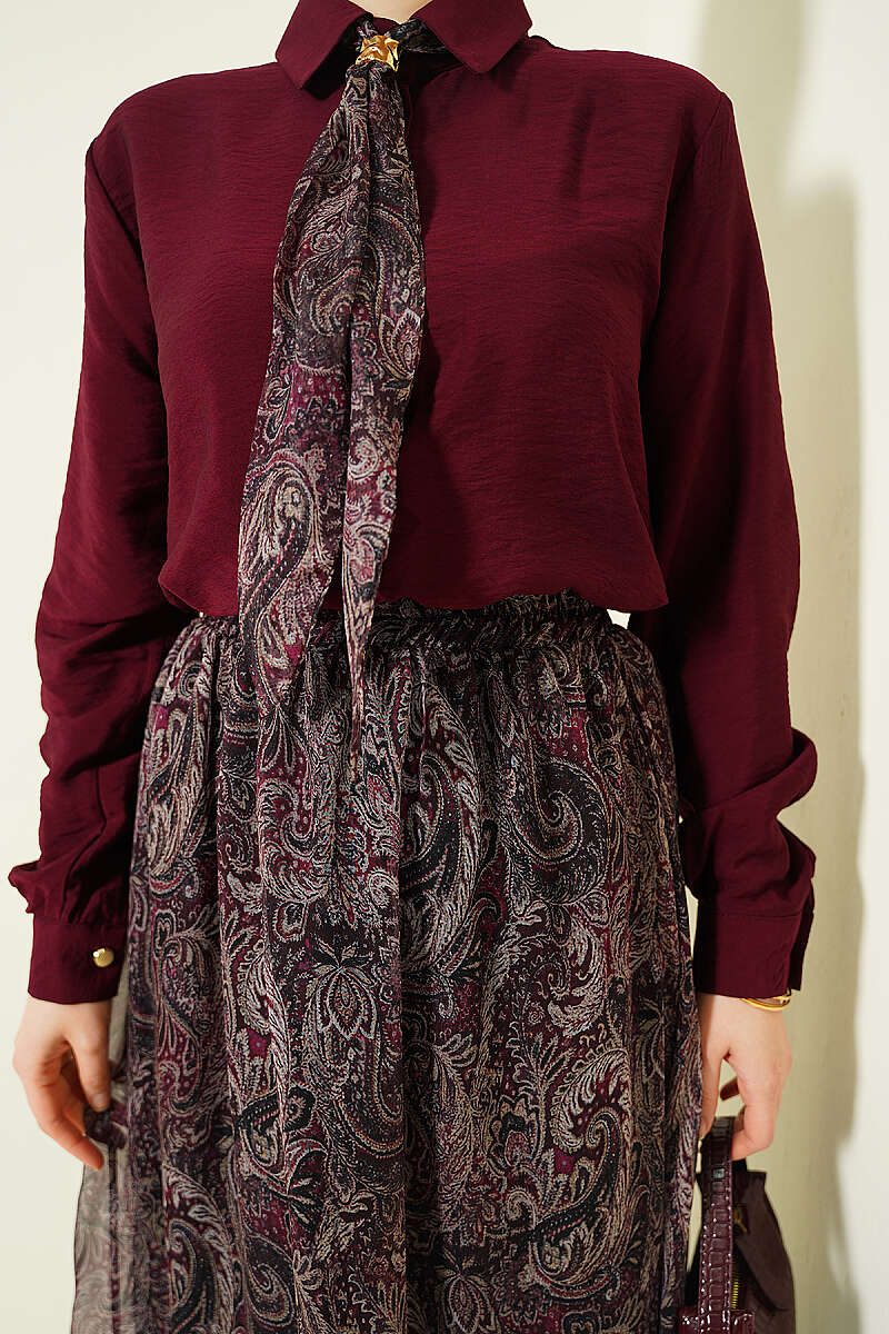 Retro Print Skirt Set with Scarf - Burgundy