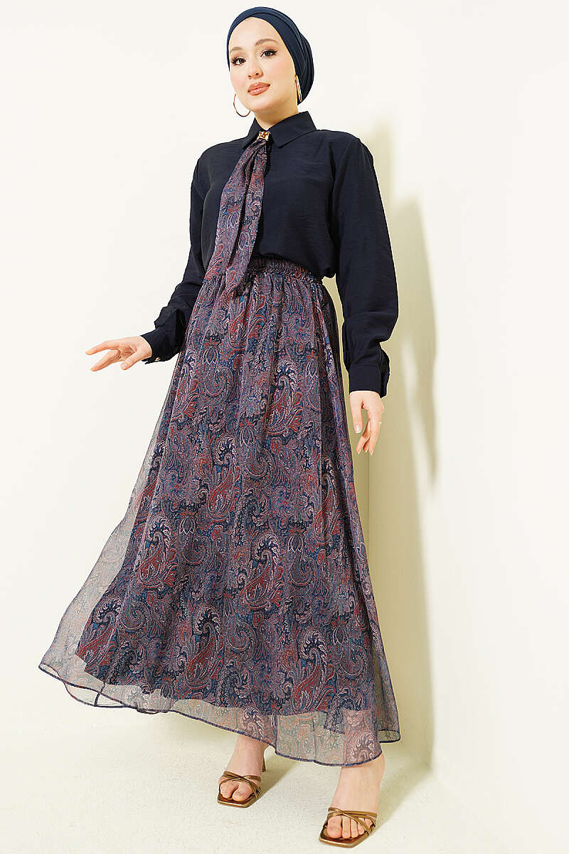 Retro Print Skirt Set with Scarf - Navy