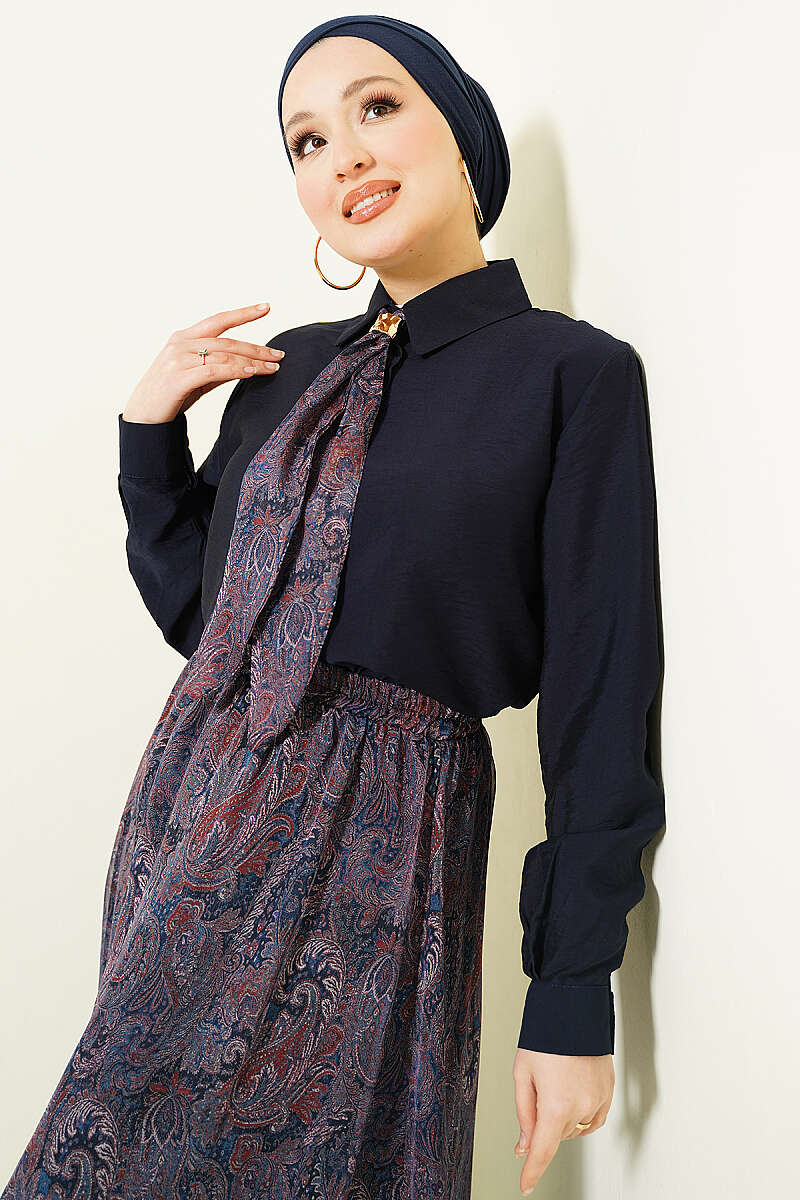 Retro Print Skirt Set with Scarf - Navy