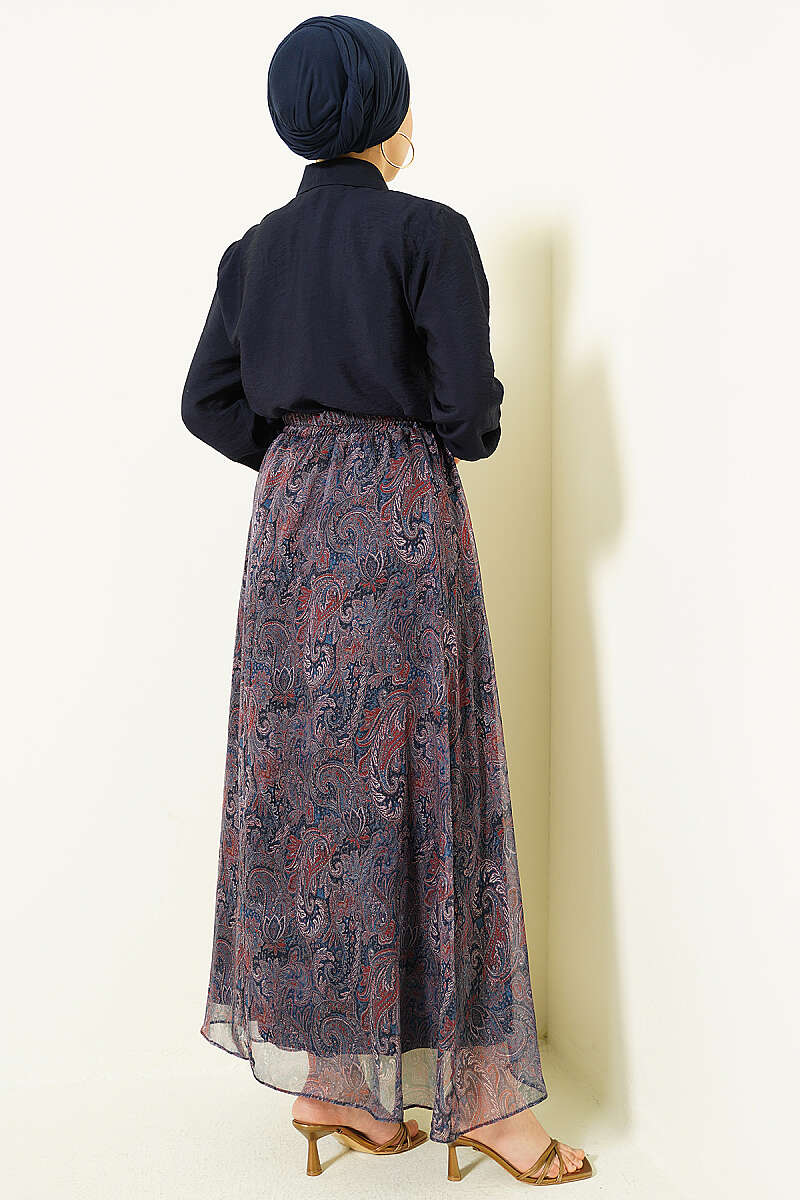 Retro Print Skirt Set with Scarf - Navy