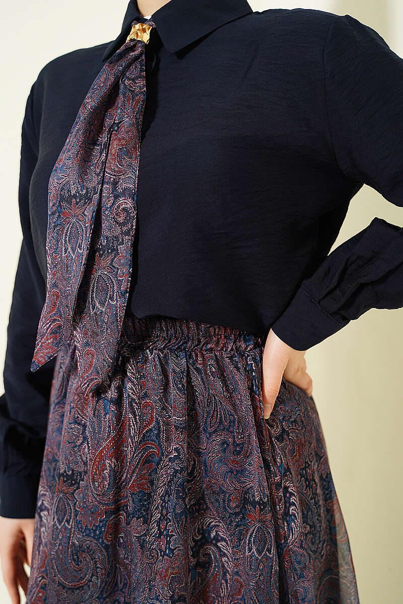 Retro Print Skirt Set with Scarf - Navy