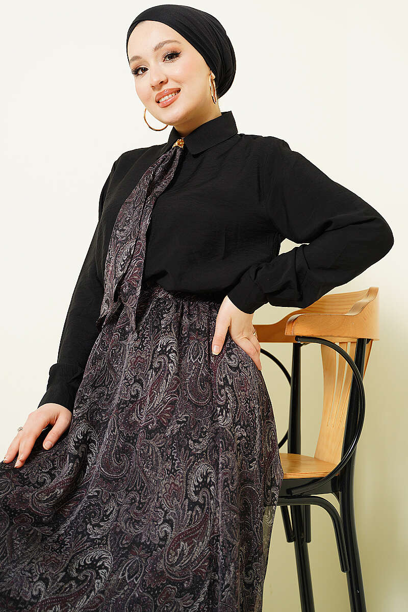 Retro Print Skirt Set with Scarf - Black
