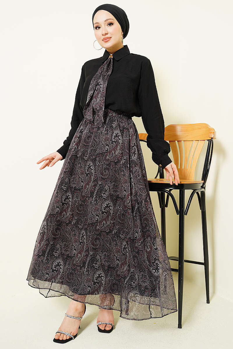 Retro Print Skirt Set with Scarf - Black