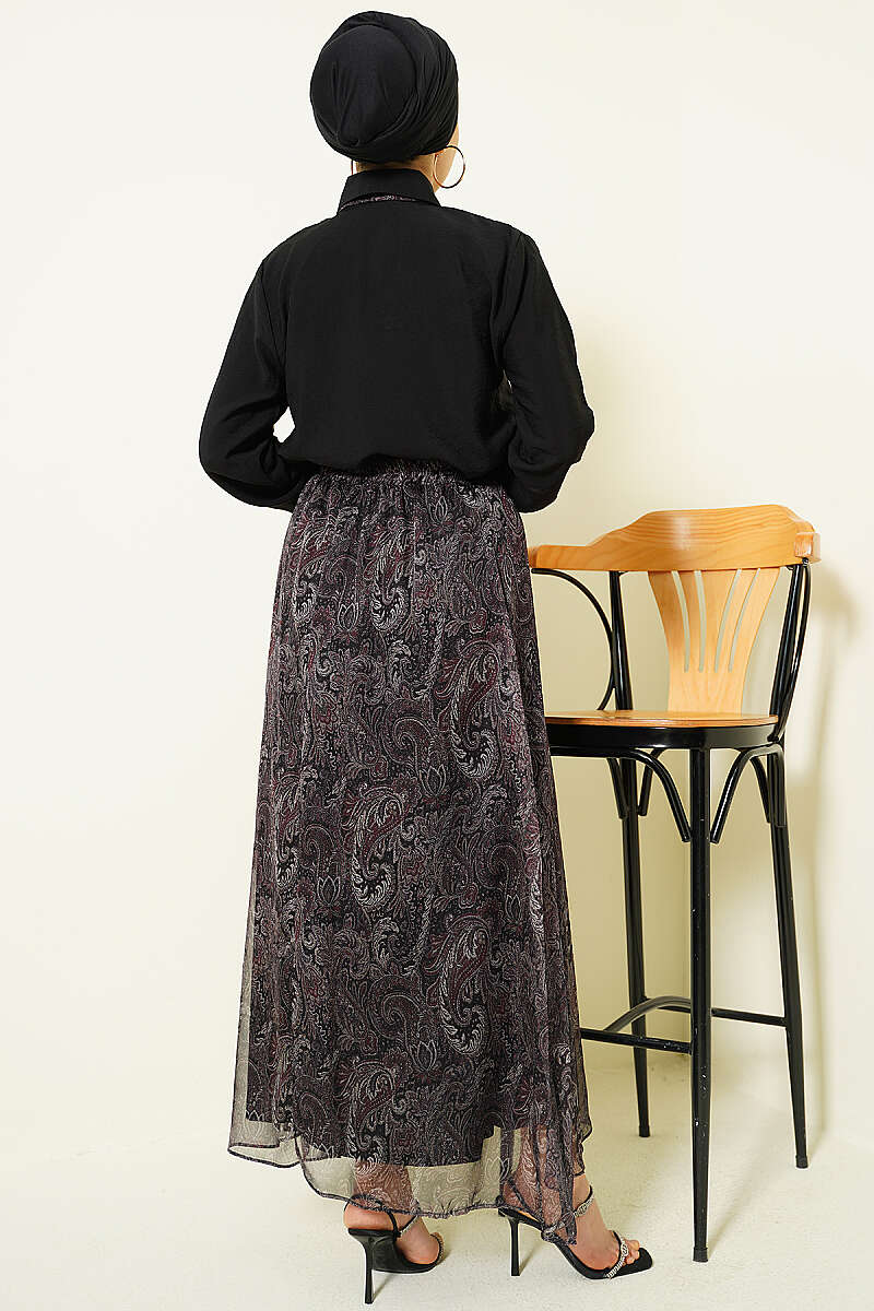 Retro Print Skirt Set with Scarf - Black