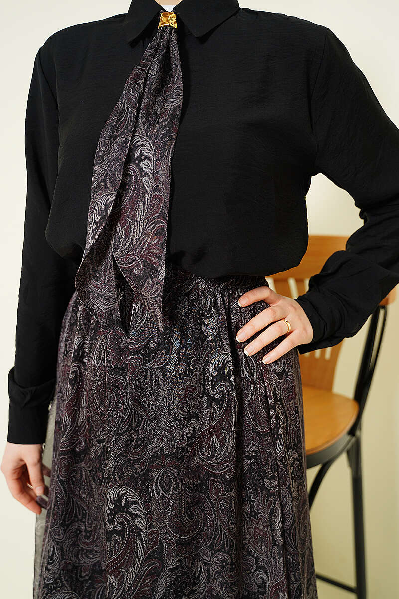Retro Print Skirt Set with Scarf - Black
