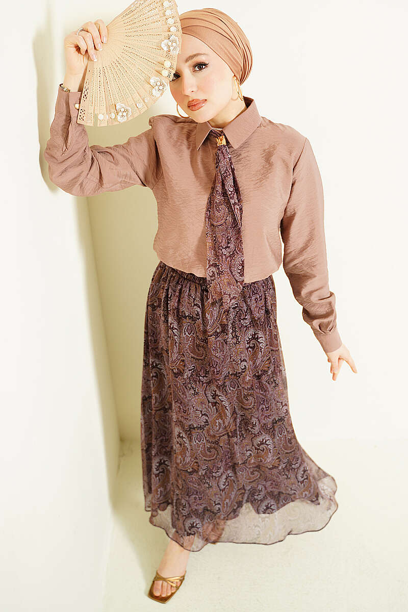 Retro Print Skirt Set with Scarf - Mink