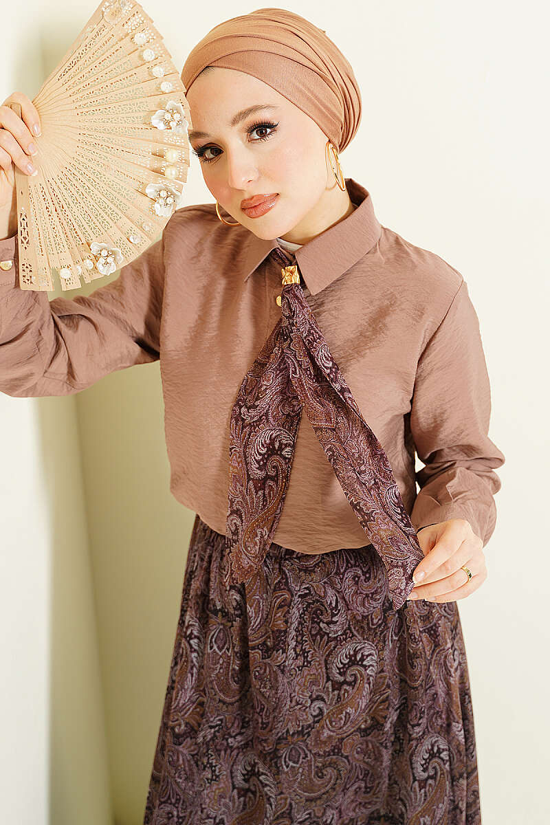Retro Print Skirt Set with Scarf - Mink