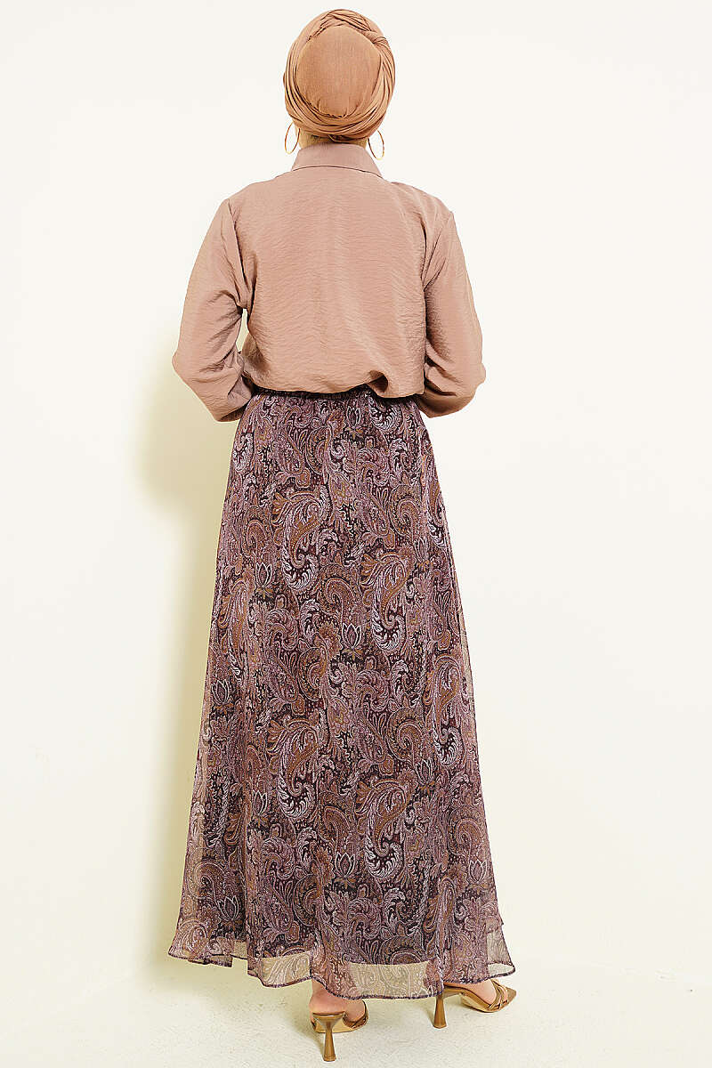Retro Print Skirt Set with Scarf - Mink