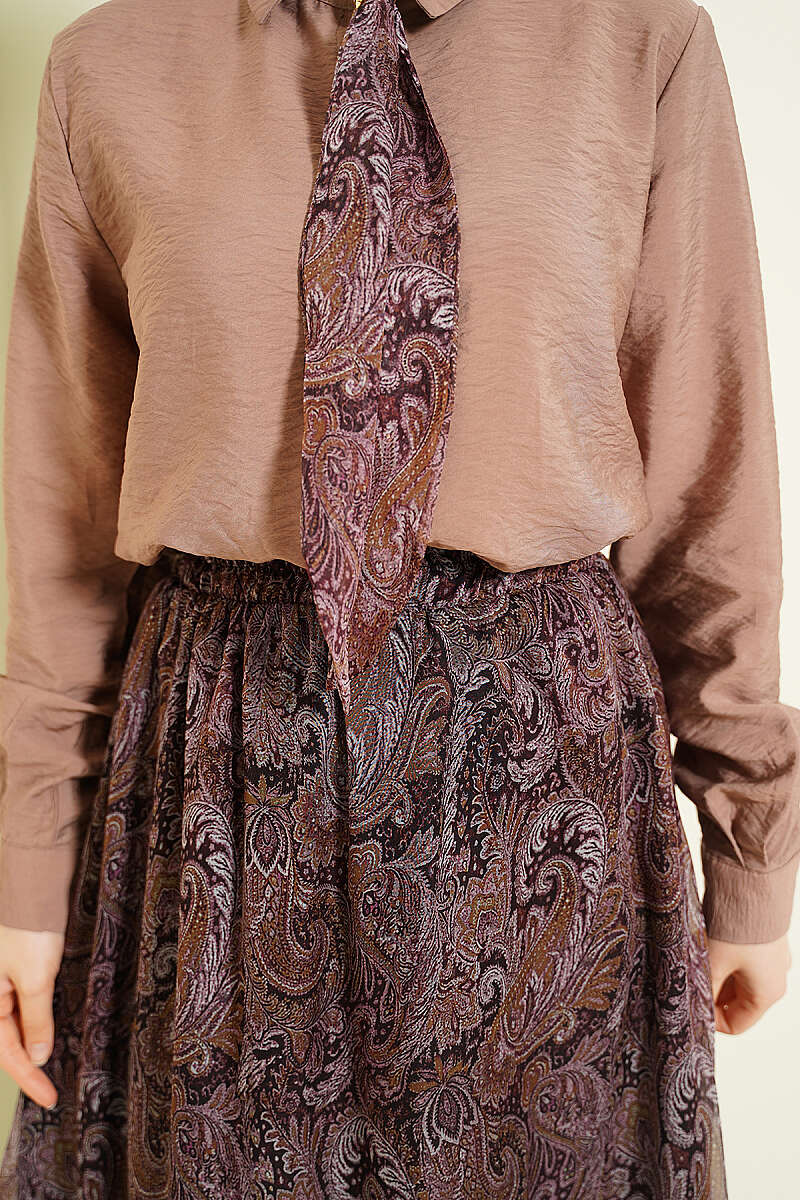 Retro Print Skirt Set with Scarf - Mink