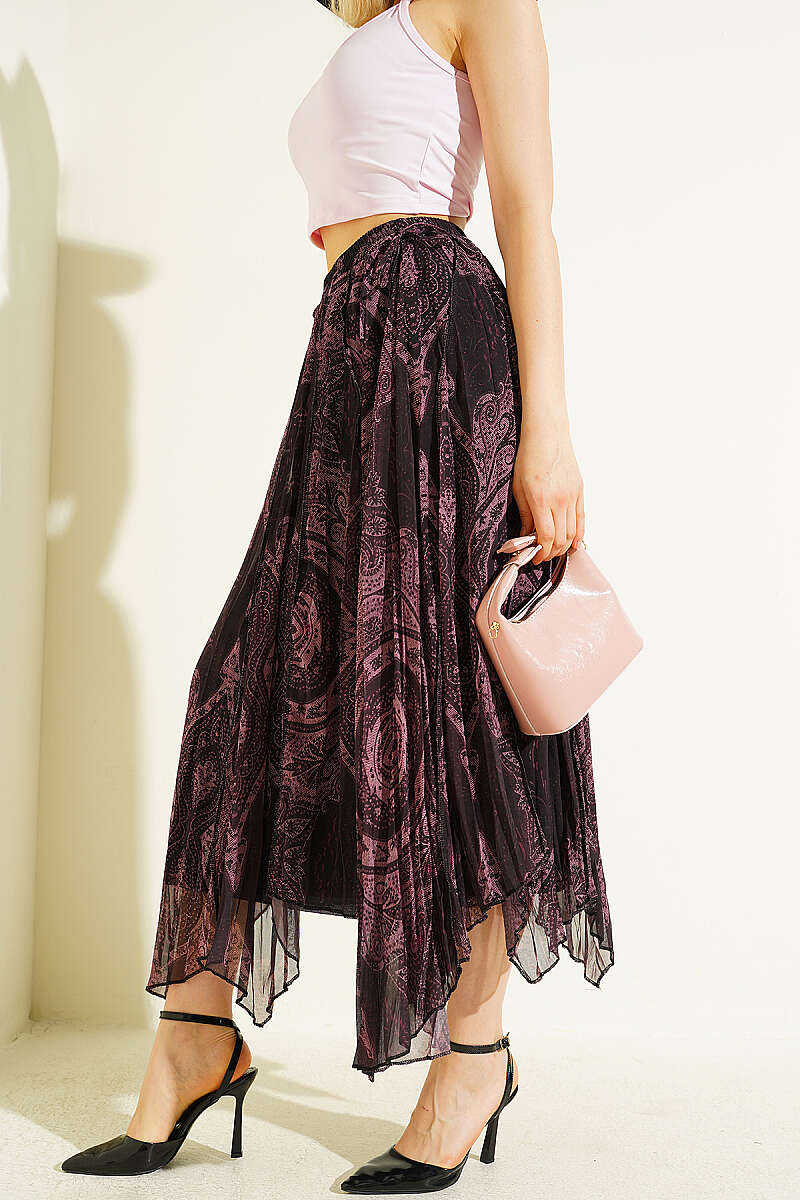 Retro Print Chiffon Midi Skirt - Dusty Rose