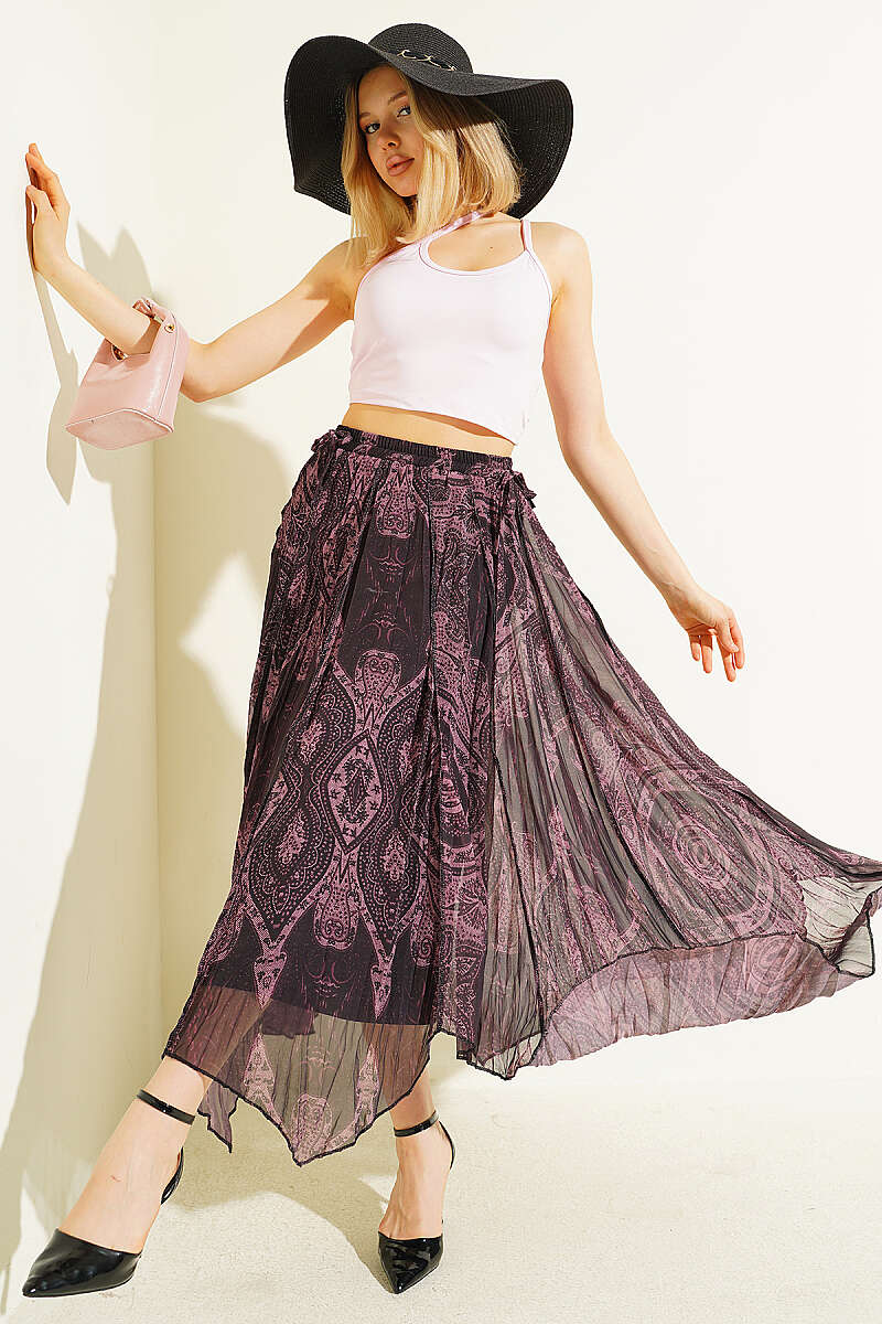 Retro Print Chiffon Midi Skirt - Dusty Rose