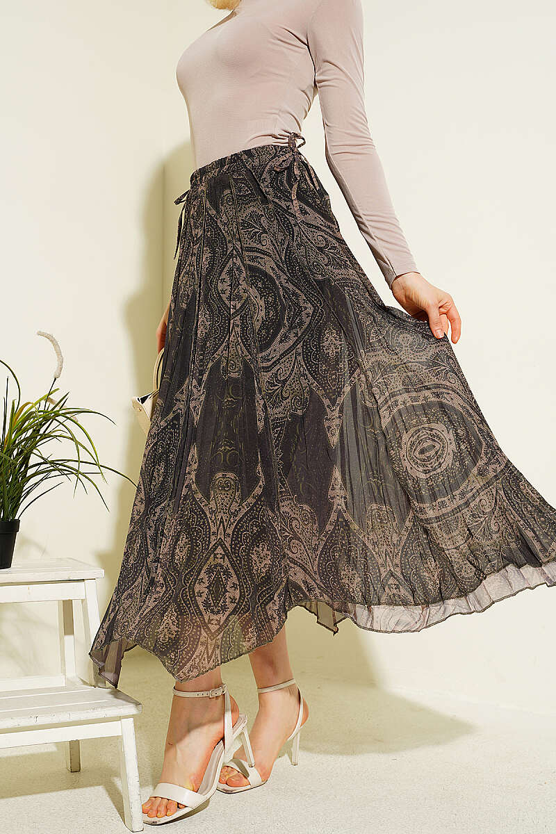 Retro Print Chiffon Midi Skirt - Khaki