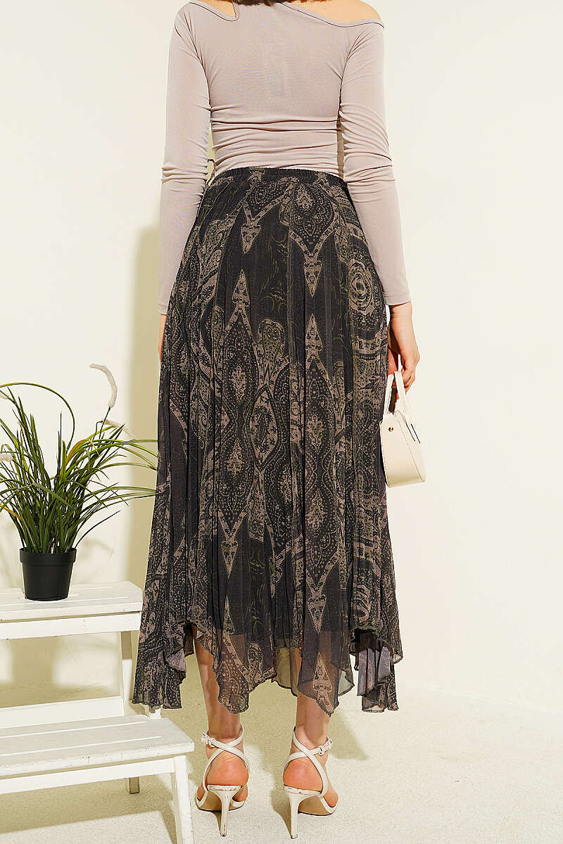 Retro Print Chiffon Midi Skirt - Khaki