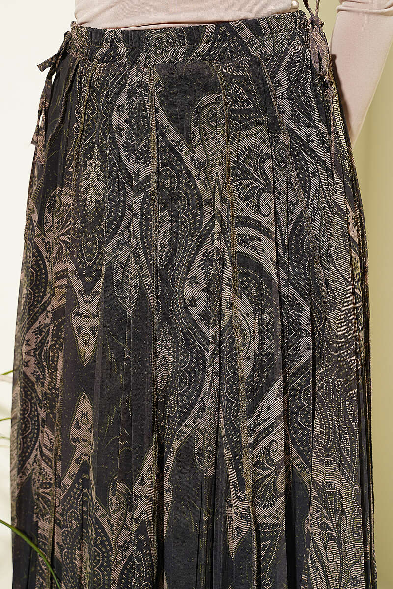 Retro Print Chiffon Midi Skirt - Khaki