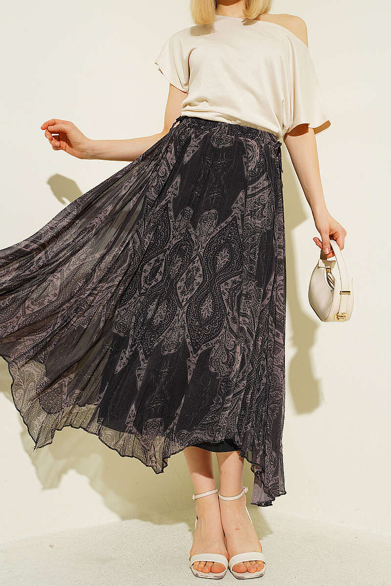 Retro Print Chiffon Midi Skirt - Brown
