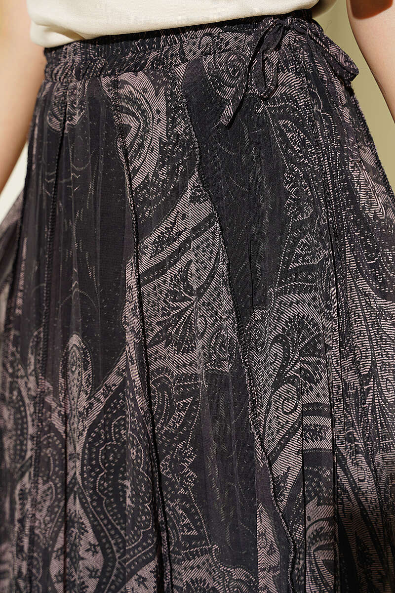 Retro Print Chiffon Midi Skirt - Brown