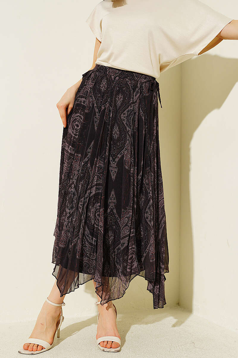 Retro Print Chiffon Midi Skirt - Mink