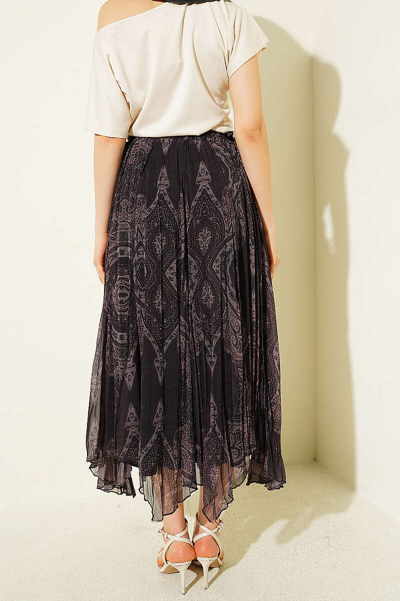 Retro Print Chiffon Midi Skirt - Mink