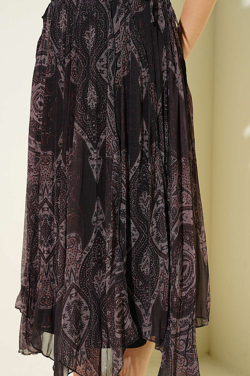 Retro Print Chiffon Midi Skirt - Mink