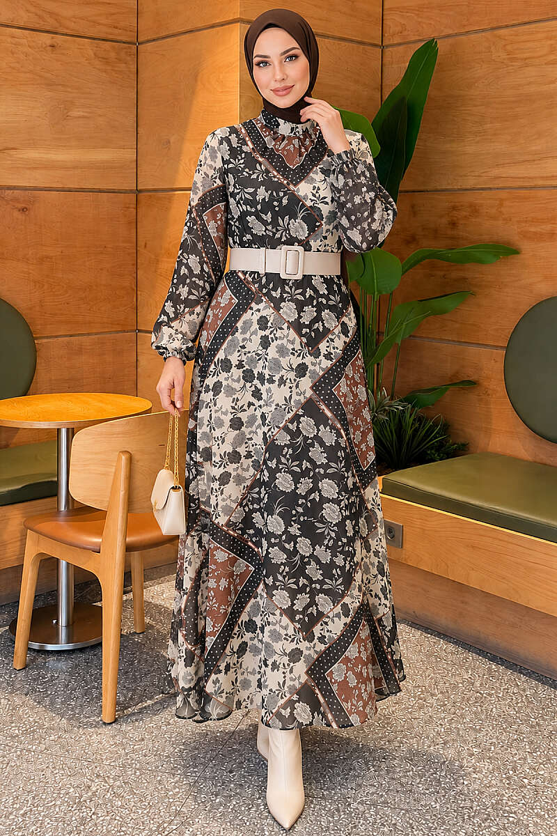 Retro Print Chiffon Dress - Brown