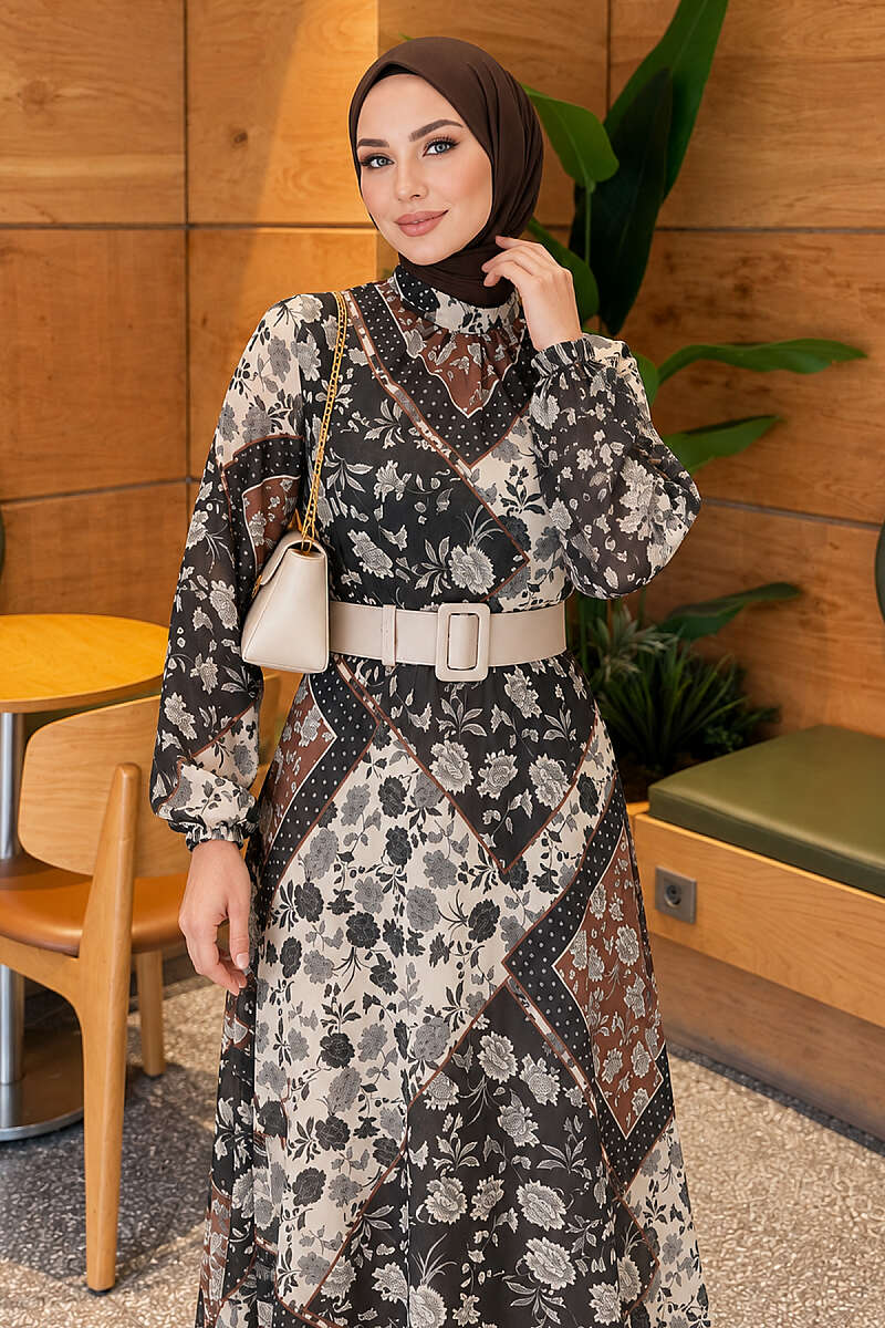 Retro Print Chiffon Dress - Brown