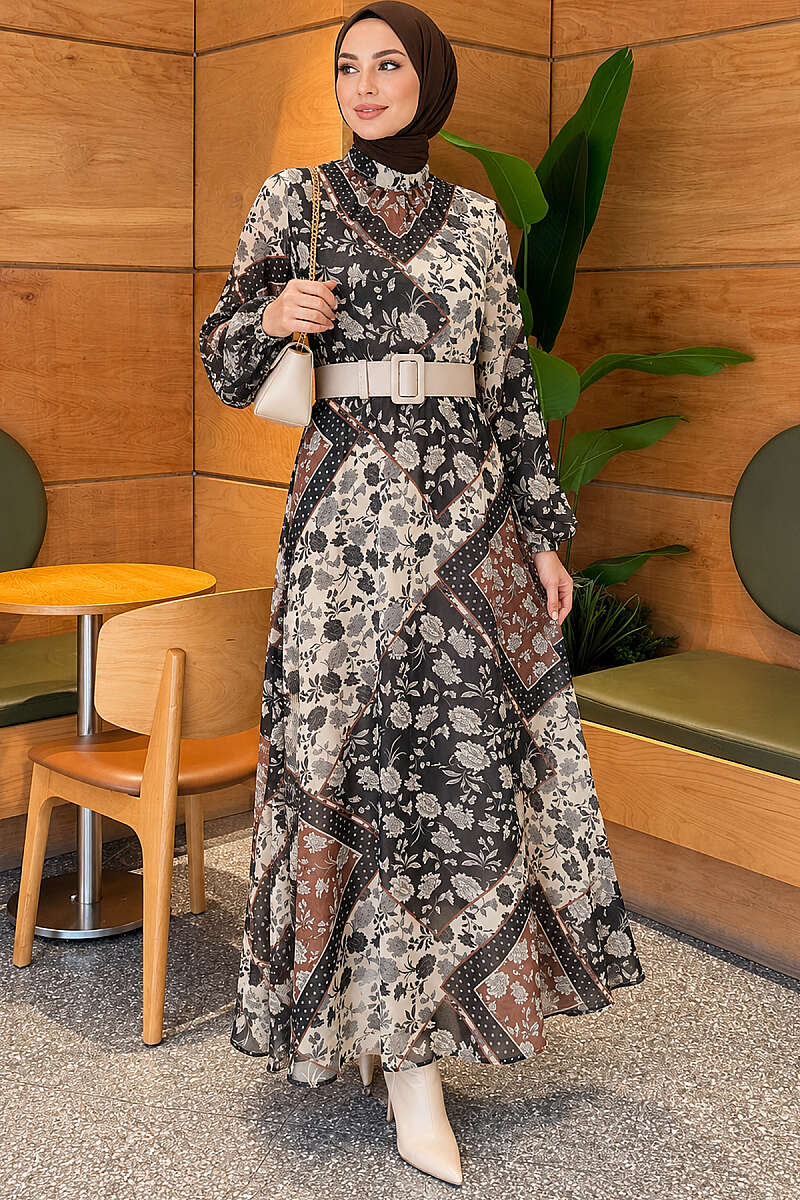 Retro Print Chiffon Dress - Brown