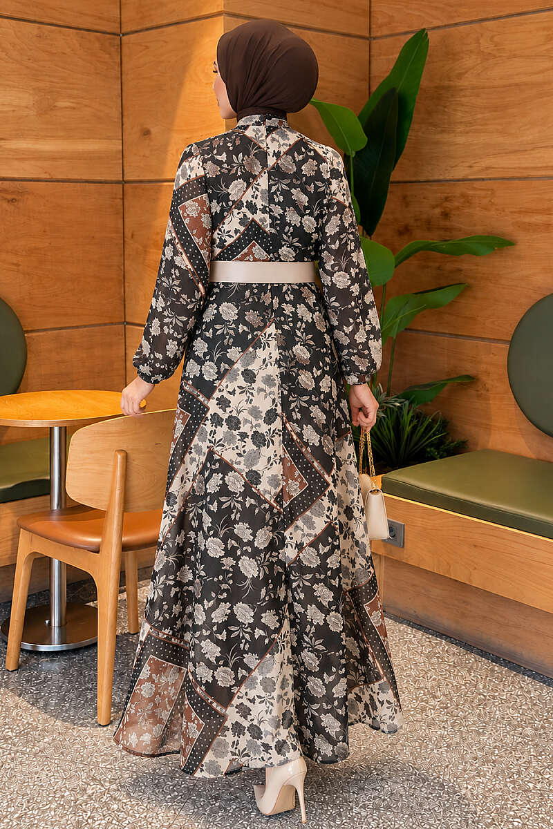 Retro Print Chiffon Dress - Brown