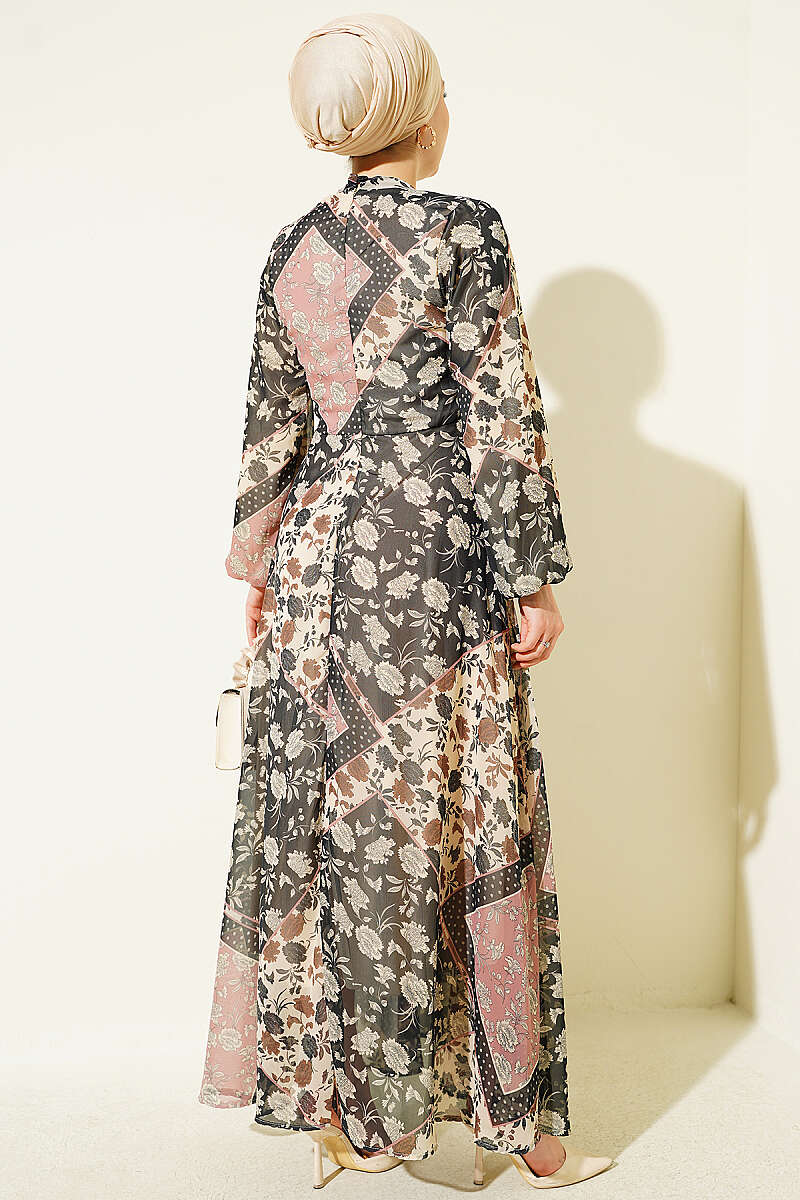 Retro Print Chiffon Dress - Powder