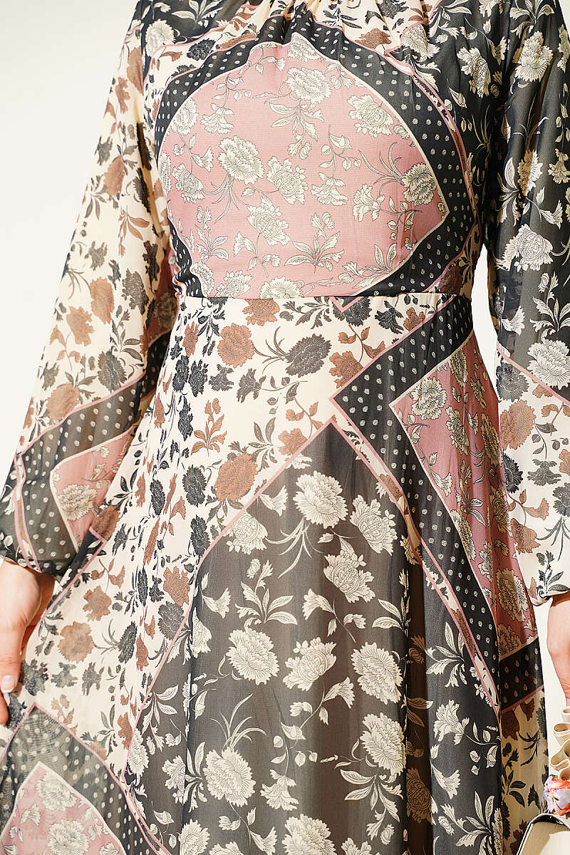 Retro Print Chiffon Dress - Powder
