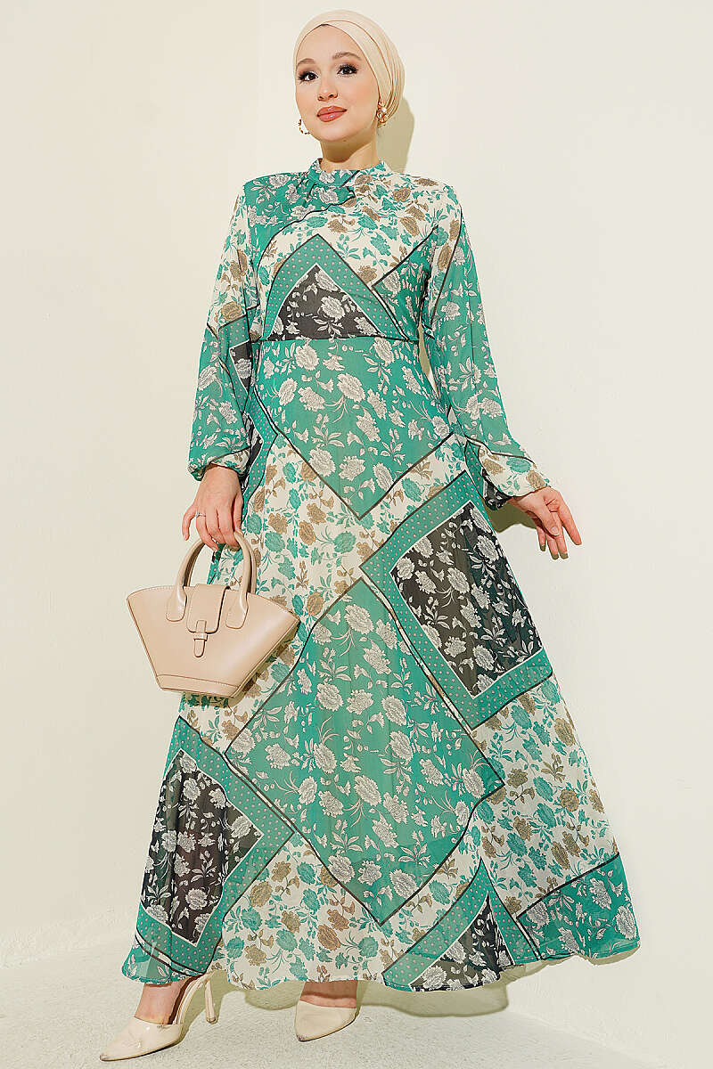 Retro Print Chiffon Dress - Green