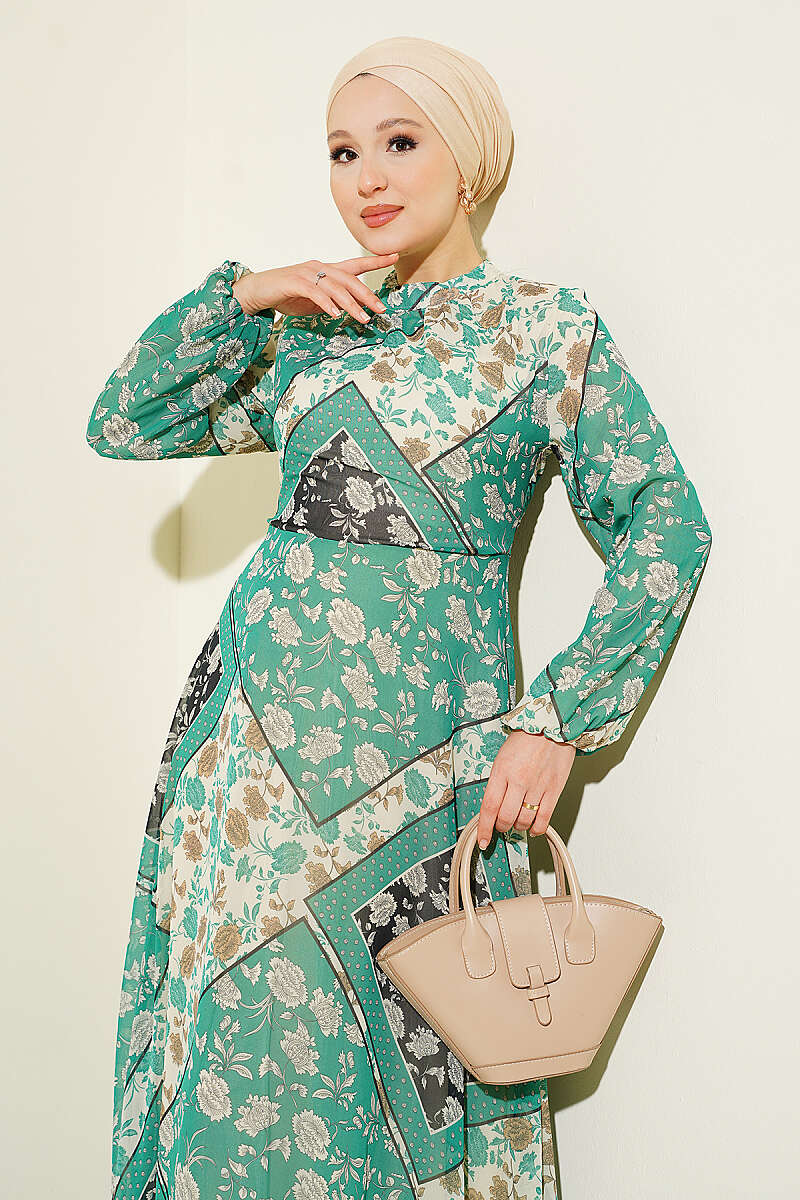 Retro Print Chiffon Dress - Green
