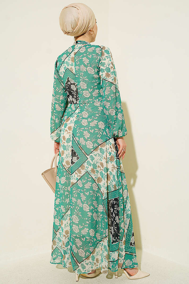 Retro Print Chiffon Dress - Green