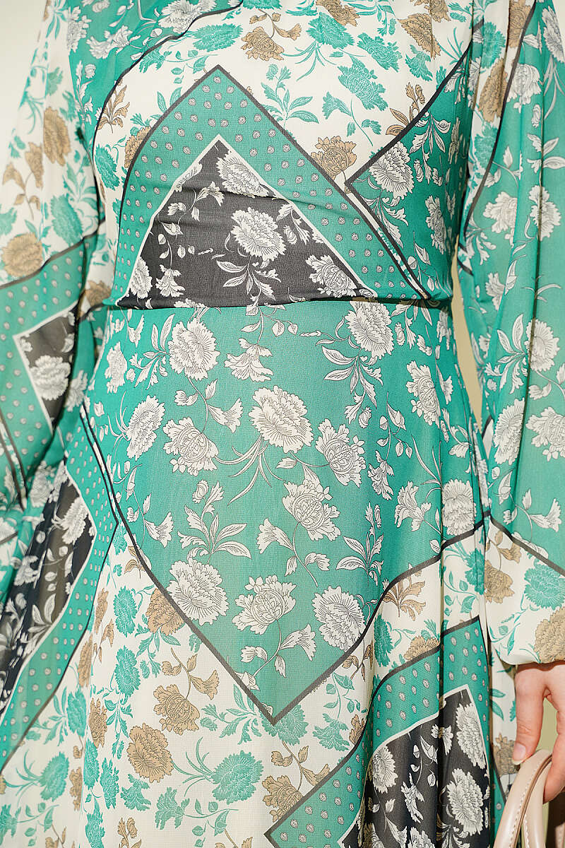 Retro Print Chiffon Dress - Green