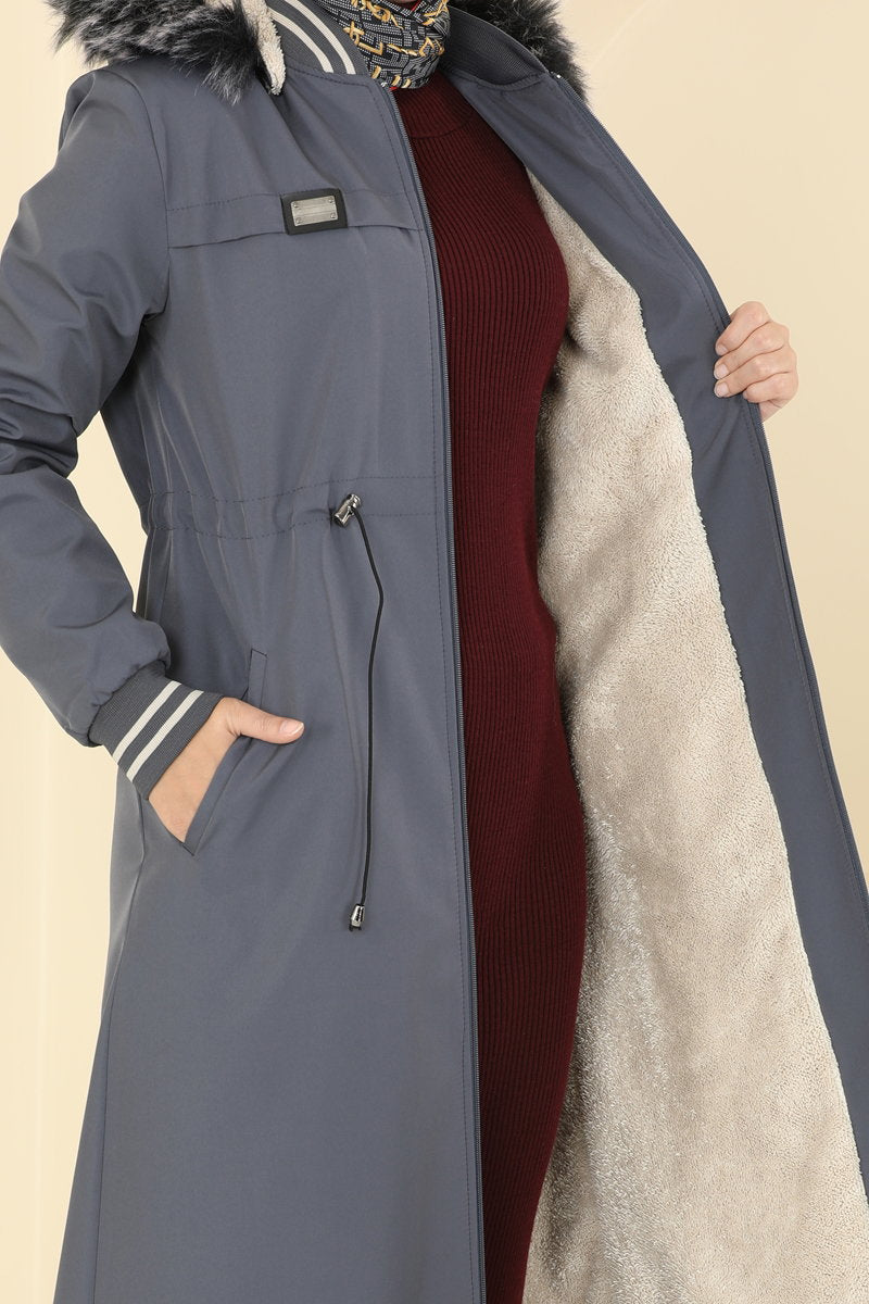 Fur-Trim Coat with Ribbed Detail - Charcoal