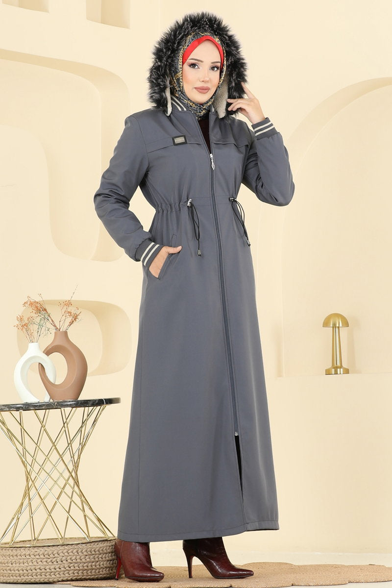 Fur-Trim Coat with Ribbed Detail - Charcoal
