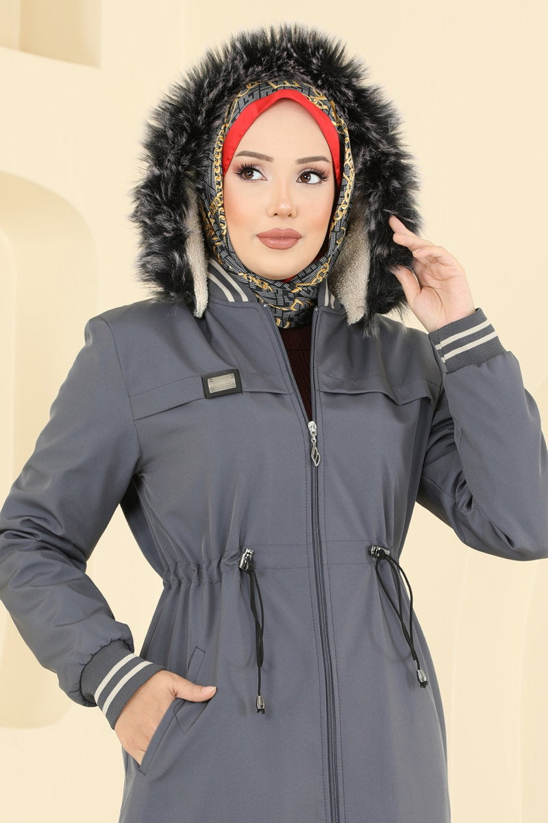 Fur-Trim Coat with Ribbed Detail - Charcoal
