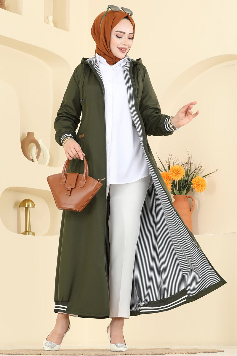 Bonded Trench Coat with Ribbed Trim - Khaki