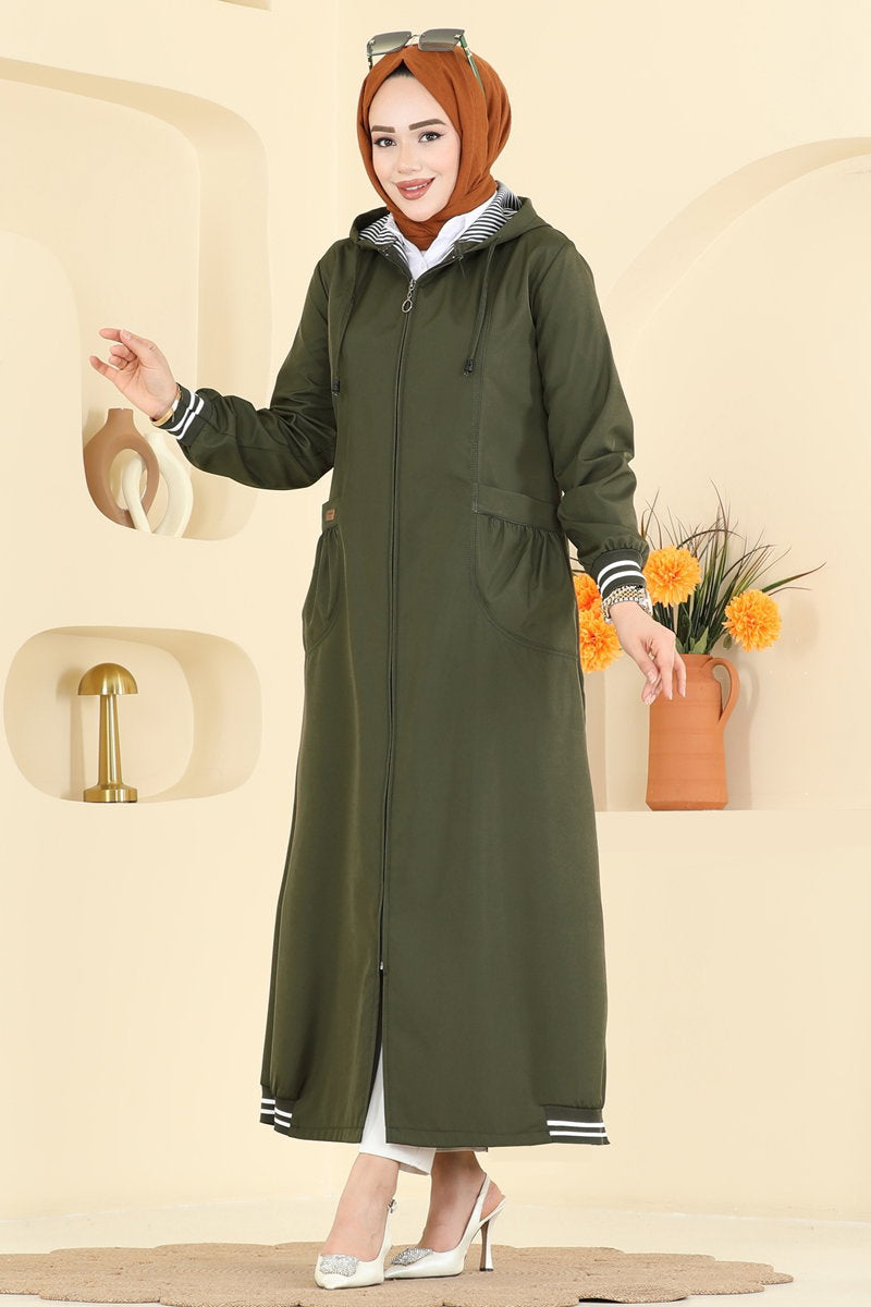 Bonded Trench Coat with Ribbed Trim - Khaki