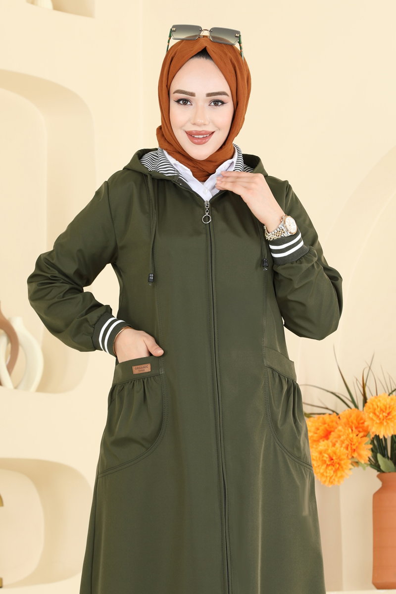 Bonded Trench Coat with Ribbed Trim - Khaki