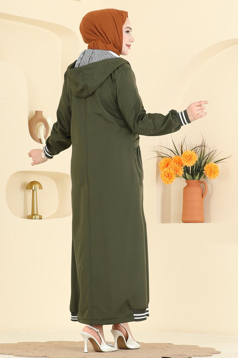 Bonded Trench Coat with Ribbed Trim - Khaki